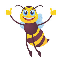 Happy bee. Mascot character, bumblebee flying, carrying honey, waving hello at hive isolated on white. Vector illustrations for beekeeping, honey production, cartoon character concept