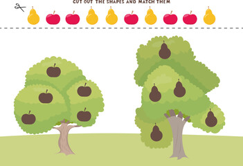 Match the shapes children game. Different types of leaves. Vector illustration. Colorful activity page for kids for autumn season.