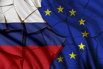 Russia vs European Union gas and oil conflict, economic concept : Russian and EU flags on a cracked...