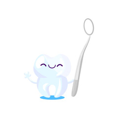 Tooth care. Happy funny tooth with toothbrush, paste, floss, sad molar with cavity or dental tool. Vector illustration for dental care, dentist visiting, hygiene concept