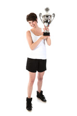 Sportwoman has won a big trophy isolated on transparent background