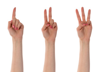 Three counting female hands isolated on transparent background