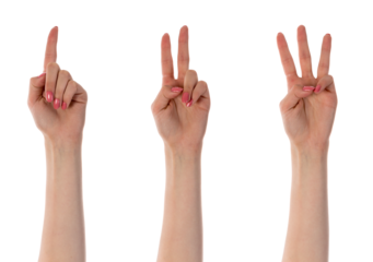 Three counting female hands isolated on transparent background