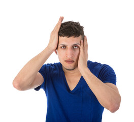 Man with hands on head made a mistake isolated on transparent background