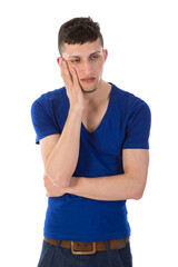 Sad man is thinking with hand against his head isolated on transparent background