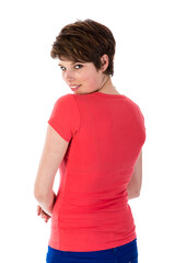 Pretty young woman looking over her shoulder with an appealing smile isolated on transparent background