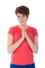 Pretty young woman is begging for something isolated on transparent background