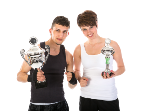 Sportsman and woman have won a trophy isolated on transparent background