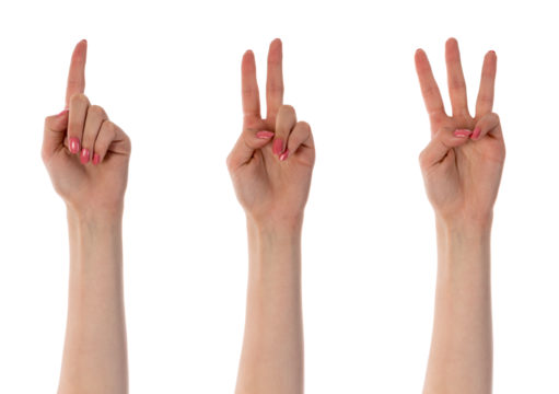 Three counting female hands isolated on transparent background