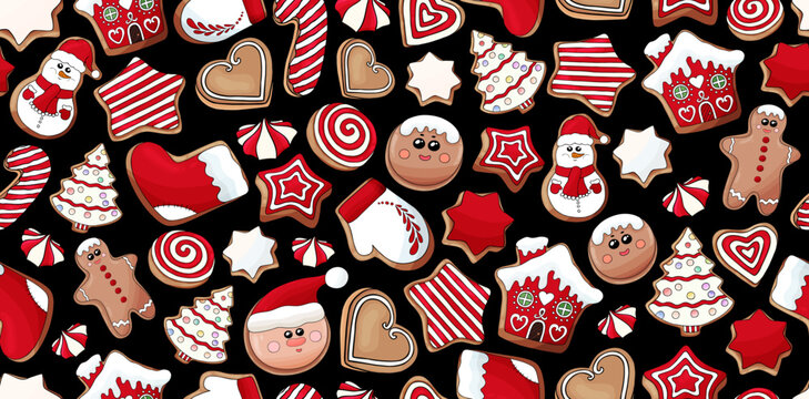 Gingerbread cookies pattern. Christmas cookies print. Many types christmas sweets. Happy New Year delicious pattern. Gingerbread house, gingerbread man cookies print. Christmas glazed cookie wallpaper