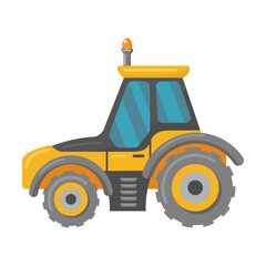 Yellow construction trucks flat vehicle. Cartoon tractor and bulldozer isolated vector illustration. Building machines and industry concept