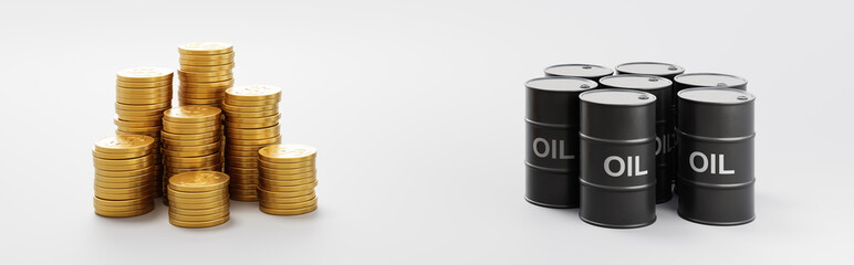 Heaps of Coins and Oil Barrels on Light Gray Background