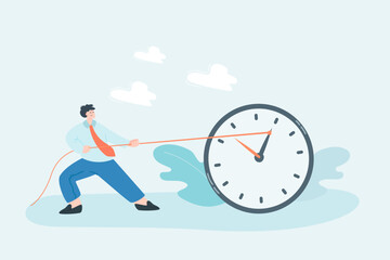Businessman pulling hand of big clock with rope. Office worker changing or stopping time flat vector illustration. Time management or deadline, efficiency concept for banner or landing web page