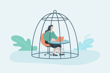 Depressed woman working on laptop in cage. Tired employee sitting at table, feeling fatigue flat vector illustration. Depression, despair concept for banner, website design or landing web page