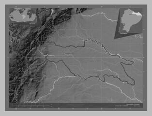 Sucumbios, Ecuador. Grayscale. Labelled points of cities