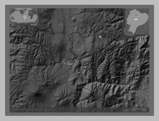 Tungurahua, Ecuador. Grayscale. Labelled points of cities