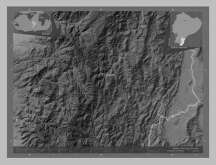 Zamora Chinchipe, Ecuador. Grayscale. Labelled points of cities