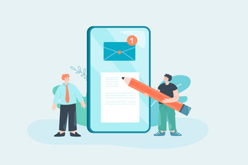 Tiny office workers writing e-mail using pencil and huge phone. Man sending business letter flat vector illustration. Communication, mail, correspondence concept for banner or landing web page