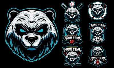 Panda Head Mascot Logo with logo set for team football, basketball, lacrosse, baseball, hockey , soccer .suitable for the sports team mascot logo .vector illustration.