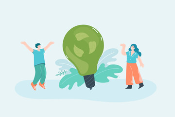 Tiny people near huge green lightbulb flat vector illustration. People taking care of ecology. Sustainable business, electricity, innovation concept for banner, website design or landing web page