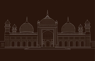 Badshahi Mosque Lahore Line art Pakistan Historical Architecture 