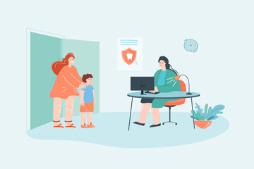Cartoon mother bringing son to dentist office. Woman and boy at consultation with dental professional flat vector illustration. Medicine, dentistry concept for banner, website design or landing page