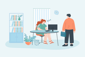 Employer looking at female worker sleeping in office. Tired employee asleep in workplace flat vector illustration. Exhaustion, fatigue, job concept for banner, website design or landing web page