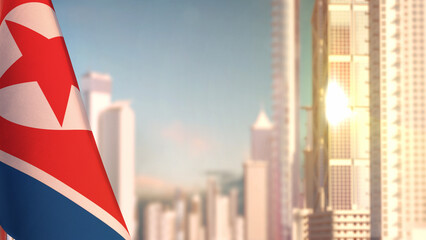 flag of North Korea on city skyscrapers buildings vanilla sunrise bg for national holiday - abstract 3D illustration
