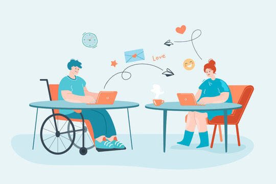 Man in wheelchair and woman sending messages via laptop. Guy with disability talking to girl flat vector illustration. Disability, communication, accessibility concept for banner, website design