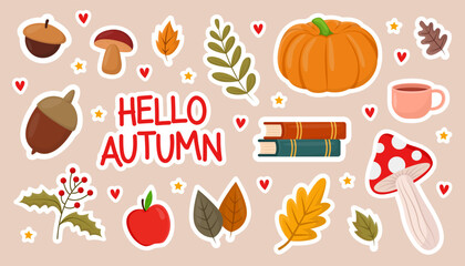 Autumn leaves and books flat vector illustrations set. Collection of cute autumn stickers, mushrooms, leaves, pumpkin, apple, tea cup isolated on grey background. Autumn or fall concept