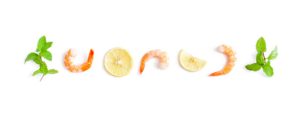 Peeled shrimp, Peppermint or Mentha x piperita and Lemon slice on white background, Food ingredient, Seafood