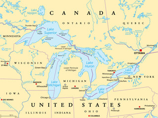 Great Lakes of North America political map. Lakes Superior, Michigan, Huron, Erie and Ontario. Series of large interconnected freshwater lakes on or near the border of Canada and of the United States.