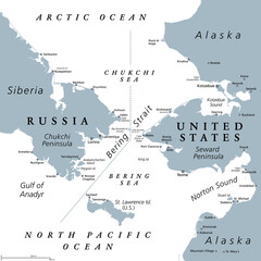 Bering Strait, gray political map. Strait between the North Pacific Ocean and Arctic Ocean, separating the Chukchi Peninsula of the Russian Far East from the Seward Peninsula of Alaska, United States.