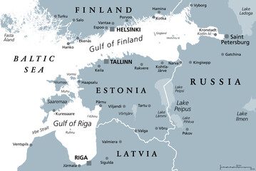 Gulf of Finland and Gulf of Riga region, gray political map. The Nordic countries Finland, Estonia and Latvia with their capitals, and the seaway from the Baltic Sea to Saint Petersburg, Russia.