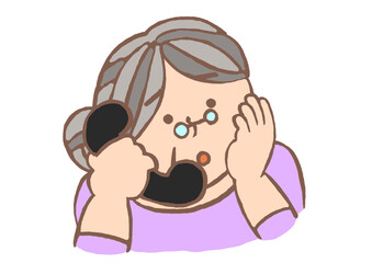 レトロな黒電話で通話している不安そうな高齢女性のイラスト