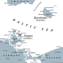 Danish island Bornholm and Germanys largest island Ruegen, gray political map. Both islands are located in southern Baltic Sea, a marginal sea of the Atlantic Ocean. Illustration on white background. - obrazy, fototapety, plakaty