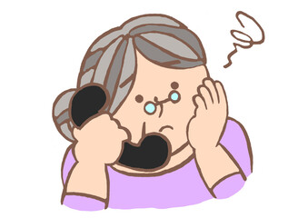 レトロな黒電話で悩み事の相談をする高齢女性のイラスト