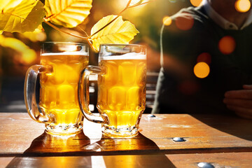 Sunny autumn day in the beer garden. Guest with fresh filled beer mug and golden autumn leaves in...
