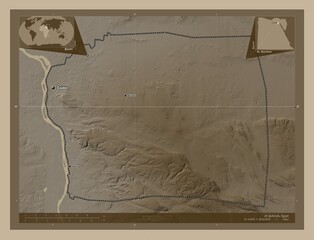 Al Qahirah, Egypt. Sepia. Labelled points of cities