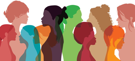 The concept of racial equality, anti-racism justice, opportunities, and allyship. Female profile images with multicultural, multiethnic backgrounds. Self-confidence.