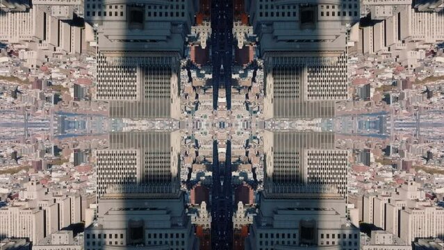Forwards fly over urban borough, mirror composition. Abstract computer effect digital composed footage.