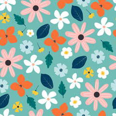 Modern pretty ditsy floral seamless pattern design for surface printing. Abstract flowers and leaves. Repeat texture background