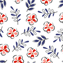 Modern stylish seamless floral ditsy pattern design of flowers and branches of leaves. Elegant repeating textured background