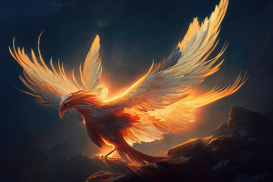 Phoenix bird risen from the ashes, fire bird. Burning bird. 3D illustration.