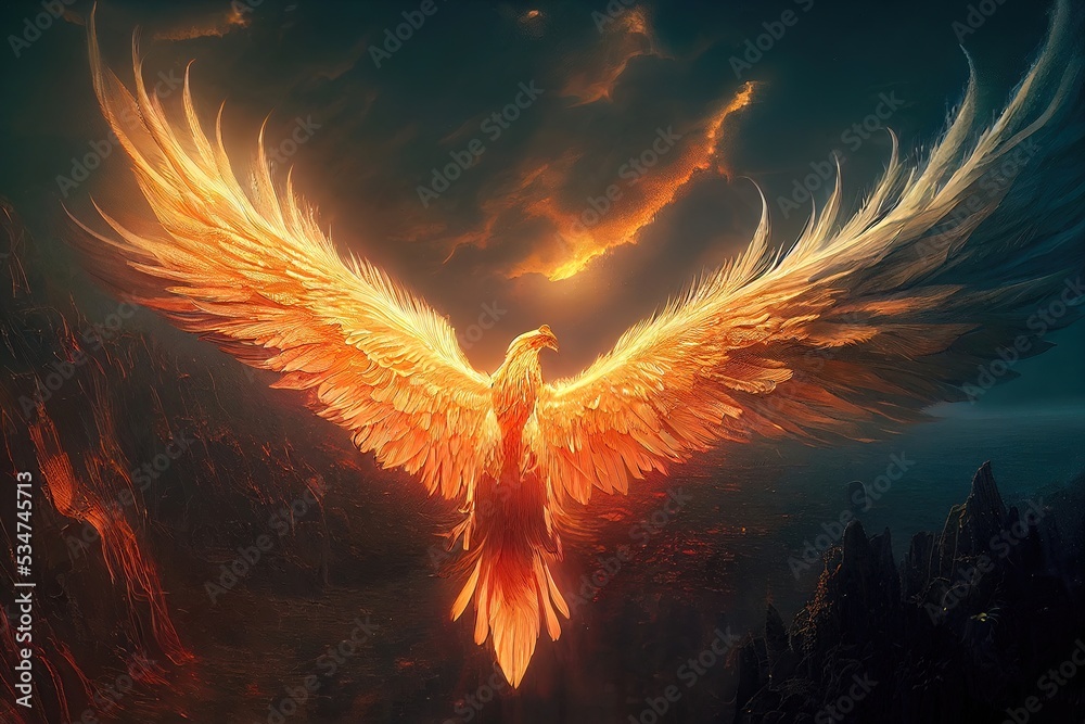 Wall mural Phoenix bird risen from the ashes, fire bird. Burning bird. 3D illustration.