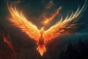 Phoenix bird risen from the ashes, fire bird. Burning bird. 3D illustration.