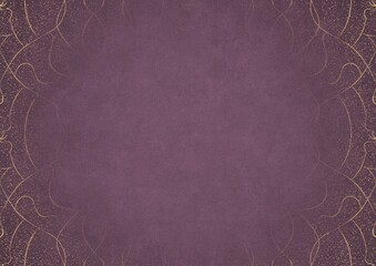 Purple textured paper with vignette of golden hand-drawn pattern and golden glittery splatter on a darker background color. Copy space. Digital artwork, A4. (pattern: p08-1b)