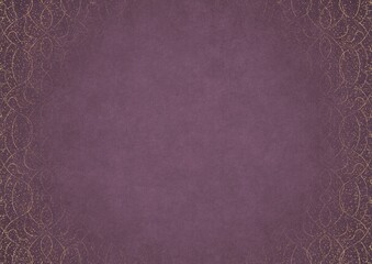 Purple textured paper with vignette of golden hand-drawn pattern and golden glittery splatter on a darker background color. Copy space. Digital artwork, A4. (pattern: p08-1c)