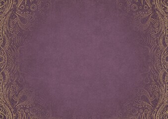 Purple textured paper with vignette of golden hand-drawn pattern and golden glittery splatter on a darker background color. Copy space. Digital artwork, A4. (pattern: p09a)