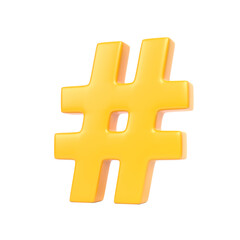 Yellow hashtag symbol isolated on a white background. 3d rendering illustration